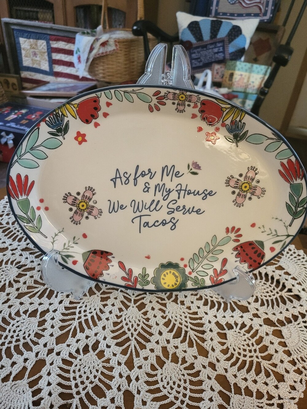 Ceramic serving platter with floral design and handwritten text